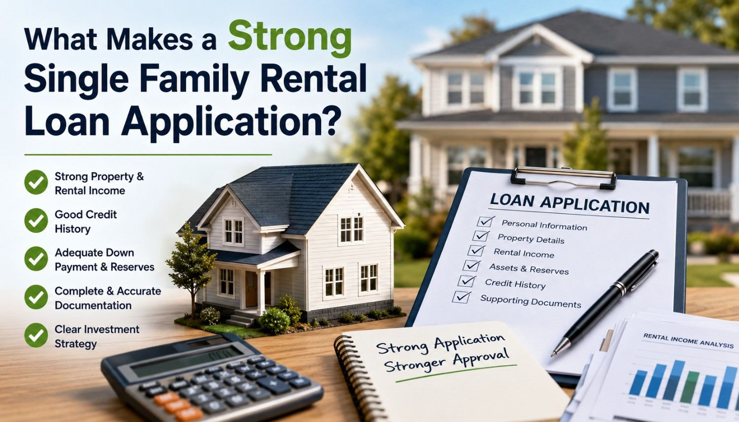 Strong single family rental loan application showing a rental property, loan documents, financial checklist, calculator, and rental income analysis.